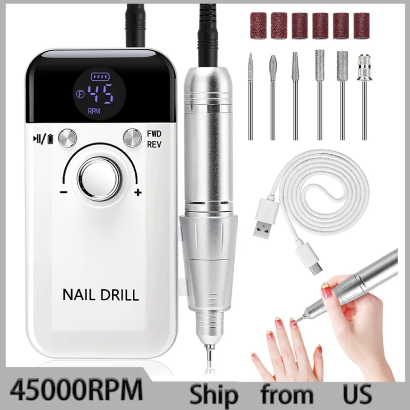 45000RPM Electric Nail Drill Machine Professional Nail Drills for Gel Nails Polish Rechargeable Portable Nail File Manicure Tool