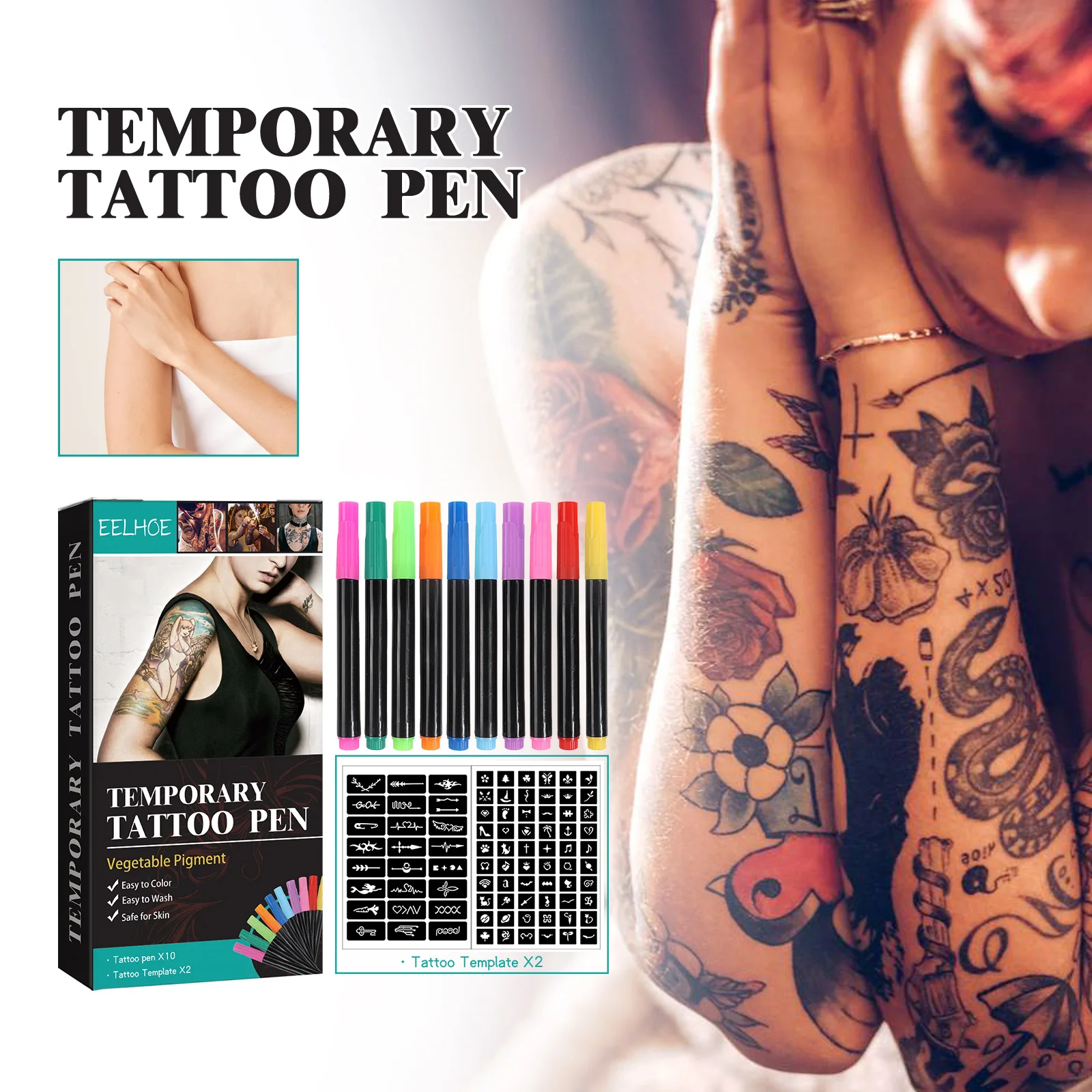 Temporary Tattoo Pen with Tattoo Stencils Body Tattoo Markers 10-Count Pack of Assorted Colors for Body Art Painting Drawing
