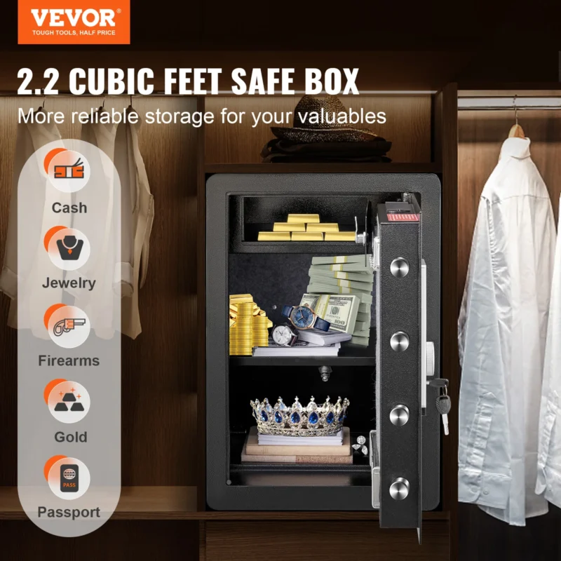 VEVOR Electric Safe 2.2/1.8 Cubic Feet Fingerprint & Digital Security Cabinet Safe W/ Fire-proof Bag for Cash Jewelry Documents - Image 2