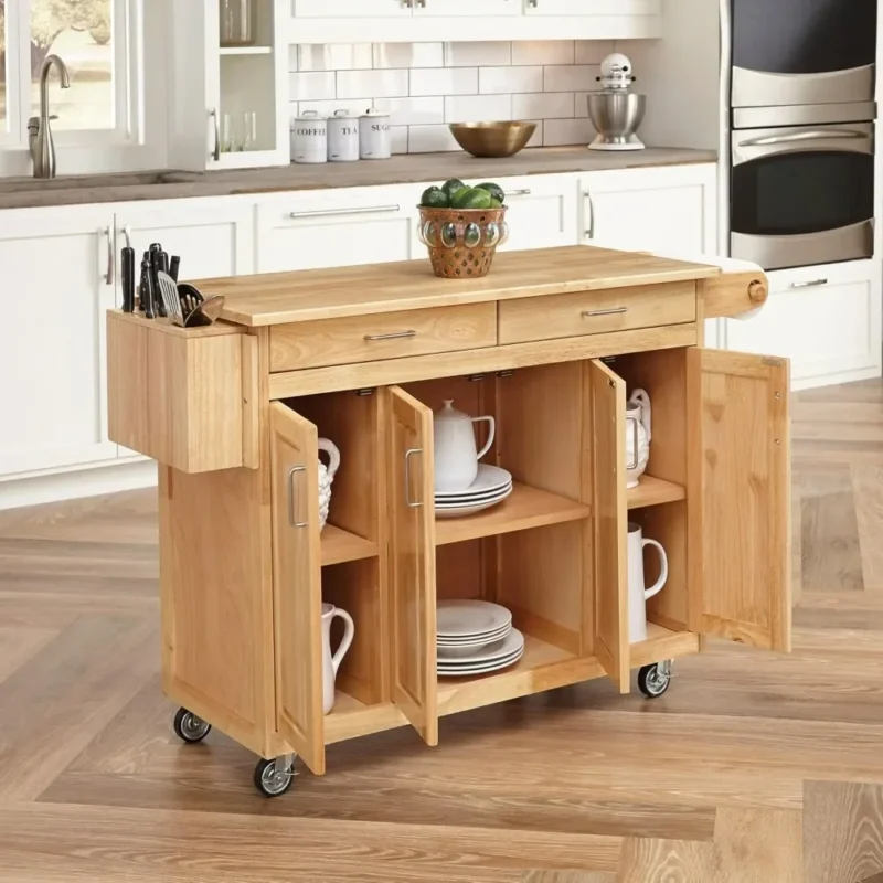 Kitchen Island Cart.General Line Kitchen Mobile Cart with Drop Leaf Breakfast Bar, 54 Inches Wide, Natural Hardwood, FURNITURE