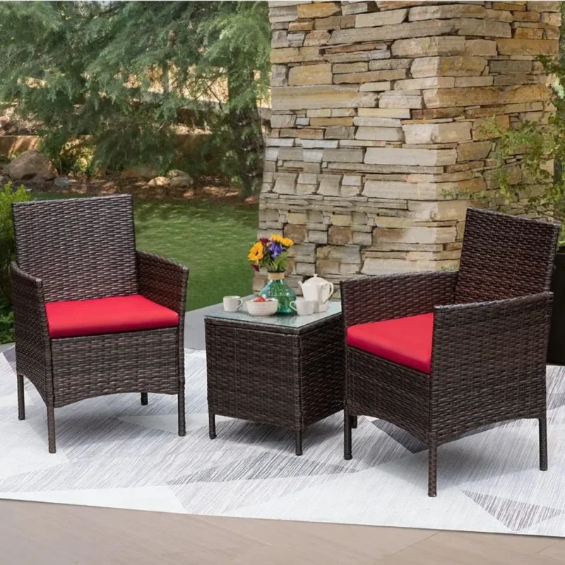 3 Pieces Patio Furniture PE Rattan Wicker Chair Conversation Set Brown and Red Garden Furniture Sets Free Shipping Outdoor