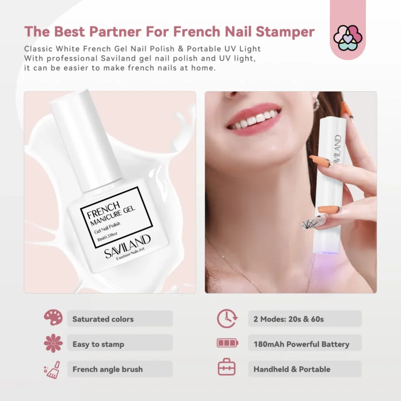 Saviland Silicone Nail Art Stamping Kit French Manicure with UV Light White Gel Polish French Nail Stamper and Scraper - Image 5