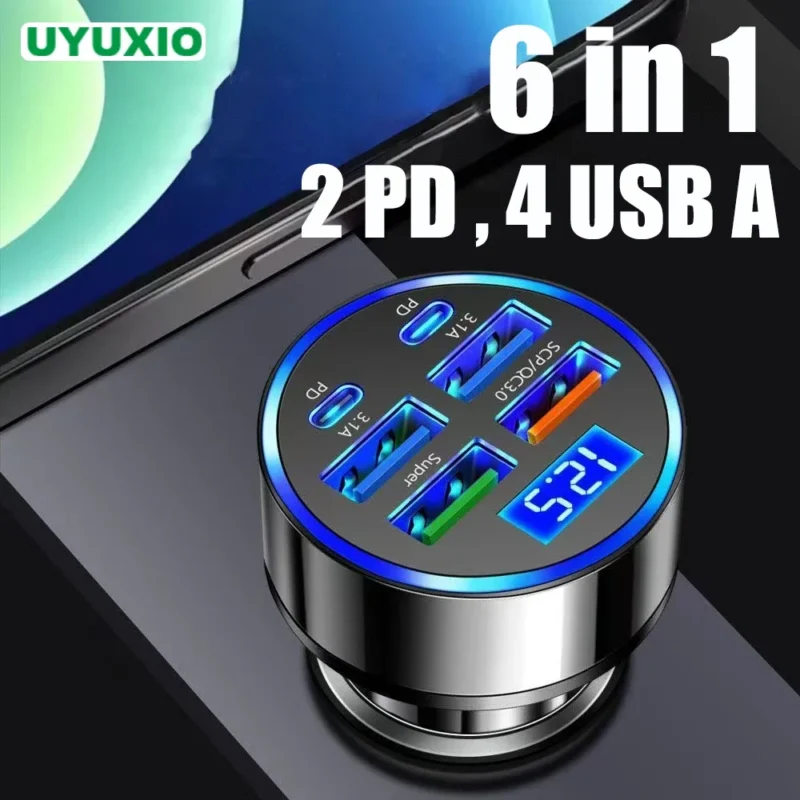 UYUXIO 6 in 1 USB C Car Phone Charger Adapter with Voltage Display Super Fast Charge in Car for iPhone 16 15 Pro Max Samsung