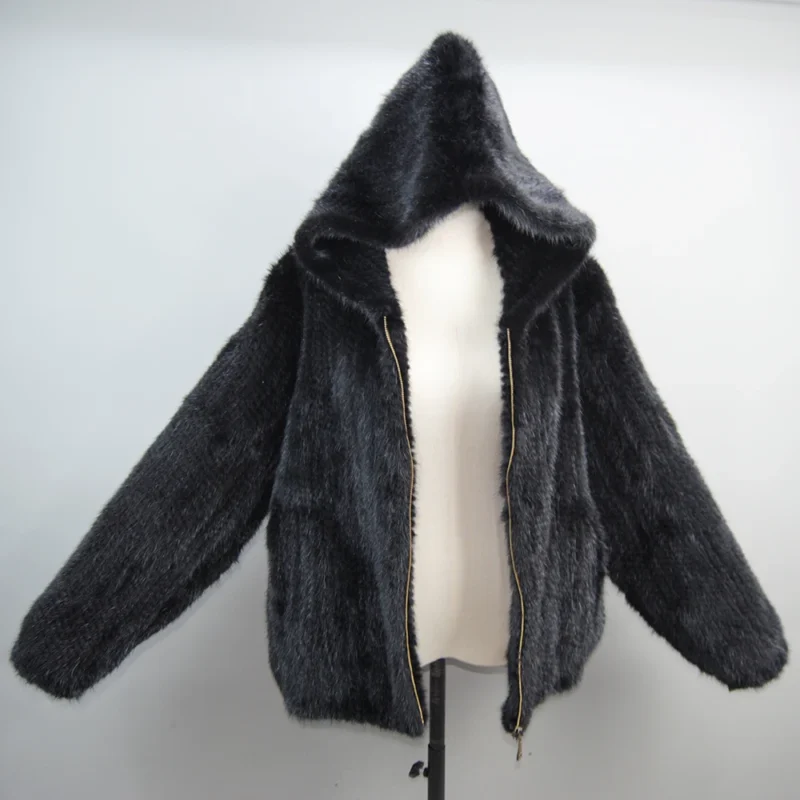 2025 New Women Mink Fur Coat Long-Sleeve Hooded Casual Jacket Fashion All-match Zipper Knitted Outerwear Jacket Custom Plus Size - Image 5