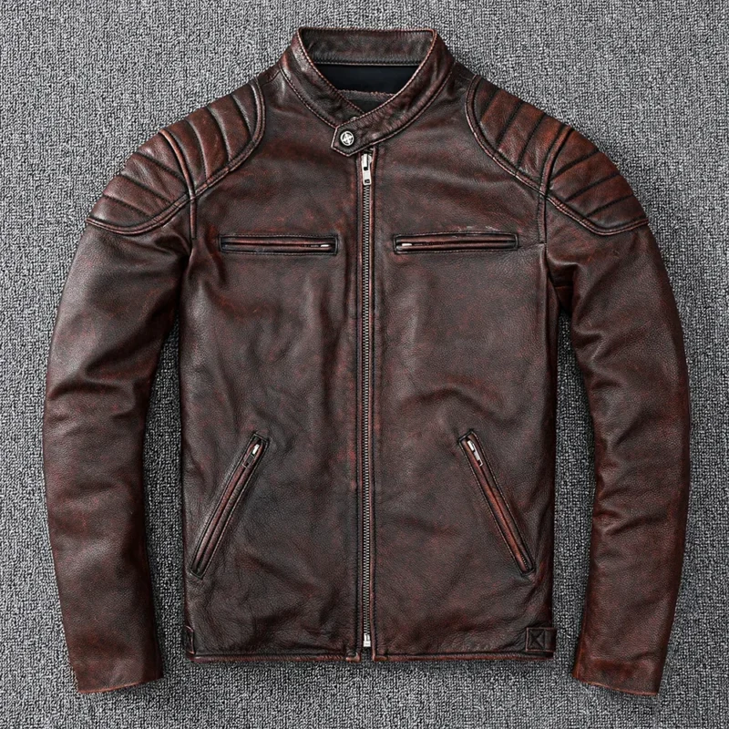 Free Shipping 2021 New Vintage Style Mens Cowhide Clothes Biker Genuine Leather Jacket Fashion Brown Leather slim coat men - Image 2