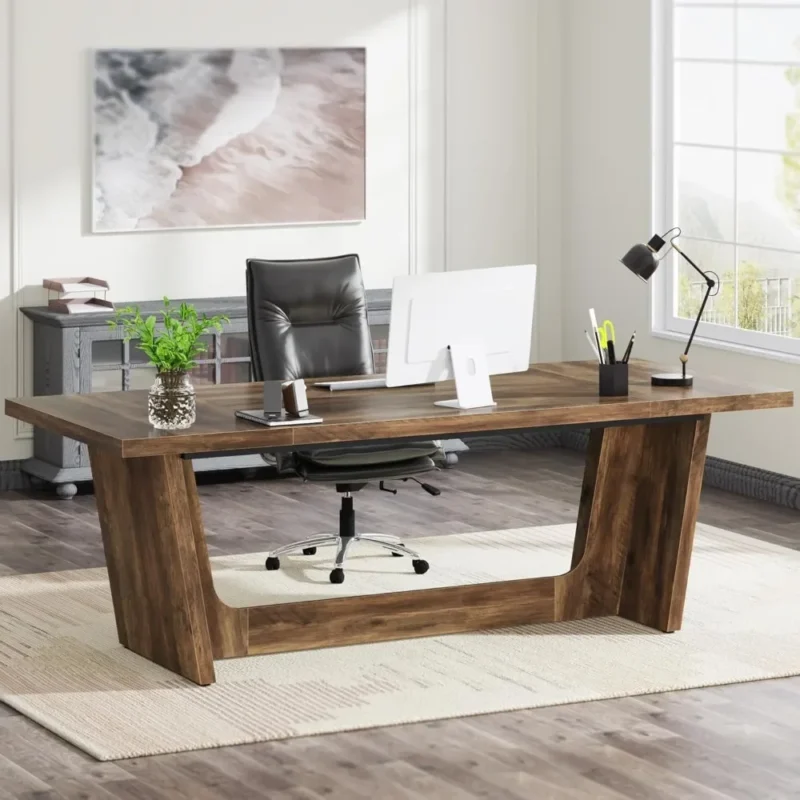 Large Home Office Desk with Solid Wooden Pedestal, Industrial Wood Study Writing Table, Workstation Business Furniture