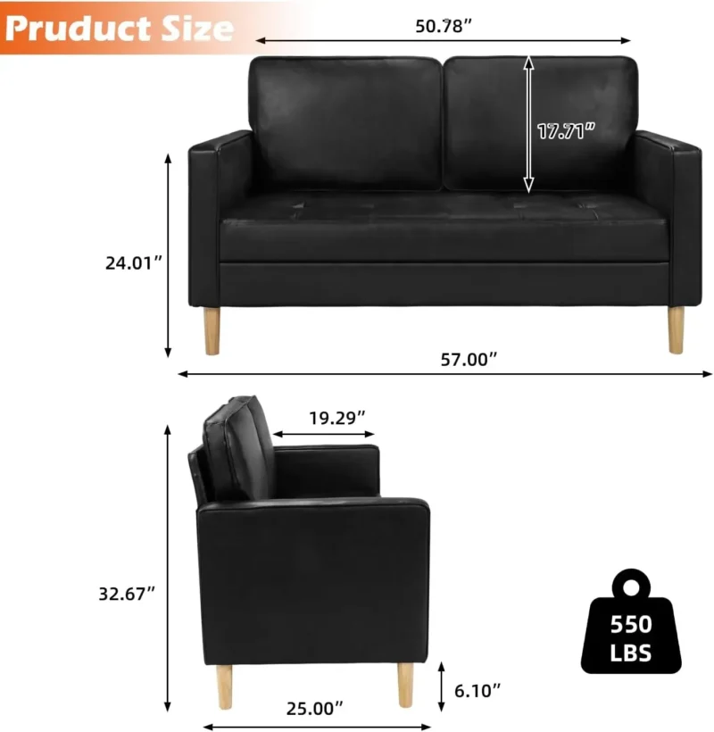 57'' Mid-Century Loveseat Faux Leather Sofa Couch with Armrest for Two People Modern 2 Seat Sofa for Living Room (2-Se - Image 5