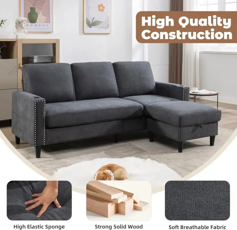 Convertible Sectional Couches for Living Room, L-Shaped Couch 3 Seats Sofas with Storage Chaise & 2 Cup Holders, Small Sofa - Image 3