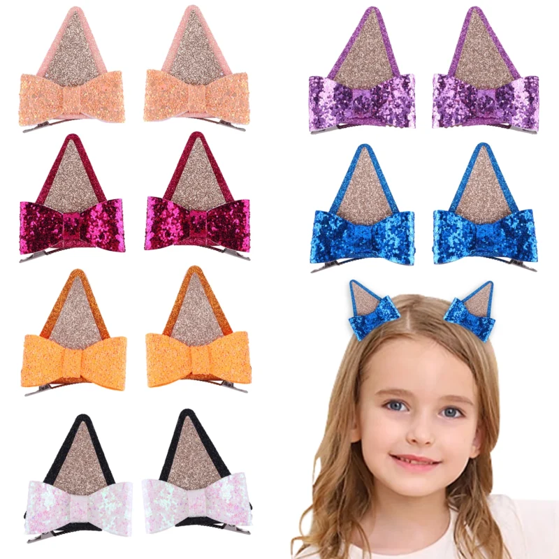 2Pcs Dog Ears Hair Bow Clips for Kids Glitter Blue Hair Bows for Toddler Girls Birthday Costume Party Favor Hair Accessories