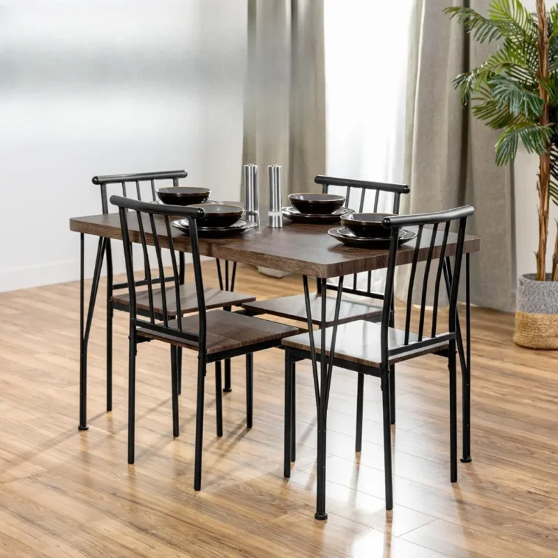 5-Piece Metal and Wood Indoor Modern Rectangular Dining Table Furniture Set for Kitchen, Dining Room, Breakfast Nook W/ 4 Chairs