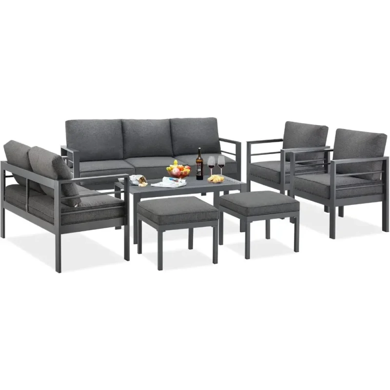 Aluminium modern patio furniture with coffee table, 7-piece outdoor conversation set, dark grey cushions, suitable for balcony - Image 3