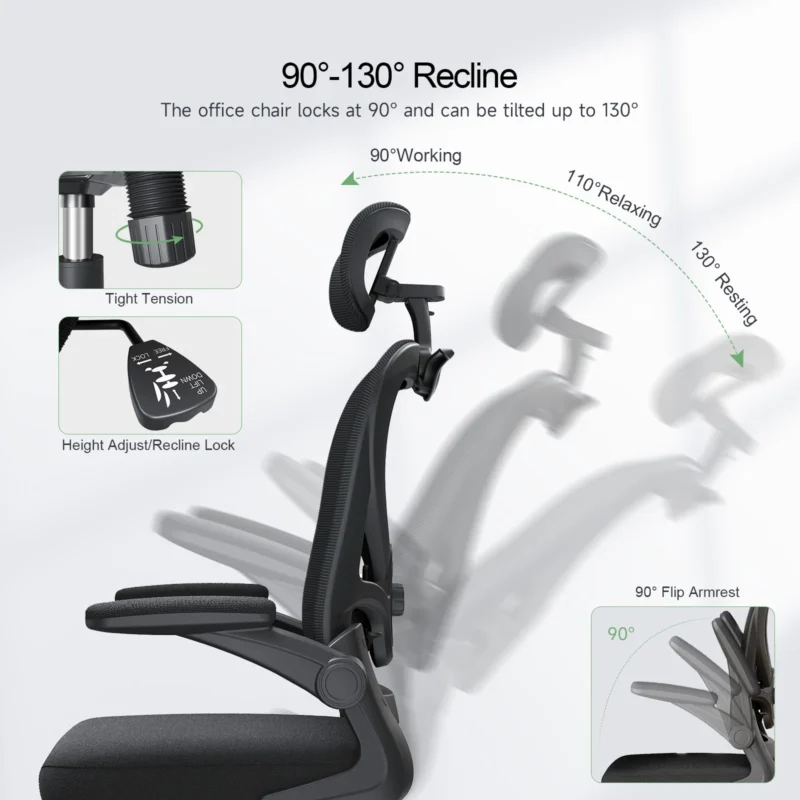 Ergonomic Mesh Office Chair, Gaming Racing Computer Adjustable with 3D Headrest Flip-Up Arms High Back Coat Hanger Tilt Function - Image 6