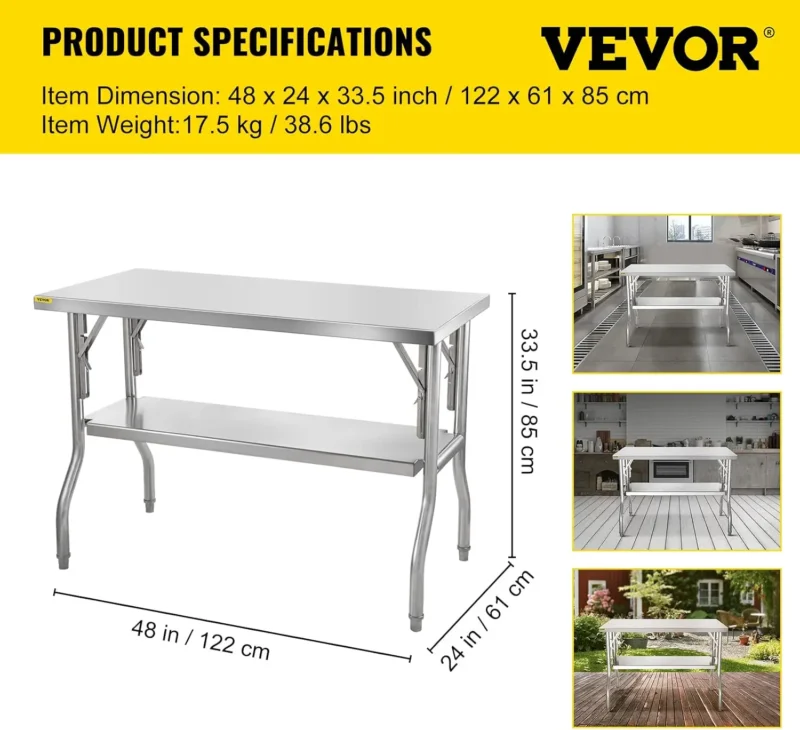 Commercial Worktable Workstation 48 x 24 Inch Folding Commercial Prep Table, Heavy-duty Stainless Steel Folding Table with 772 l - Image 3