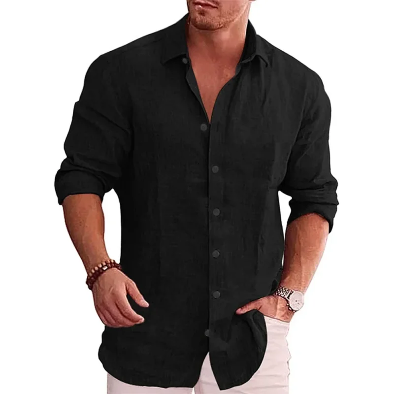 Cotton Linen Autumn Hot Selling Men's Long Sleeve Shirt Solid Color Casual Style Plus Size Men's Casual Linen Shirt - Image 2