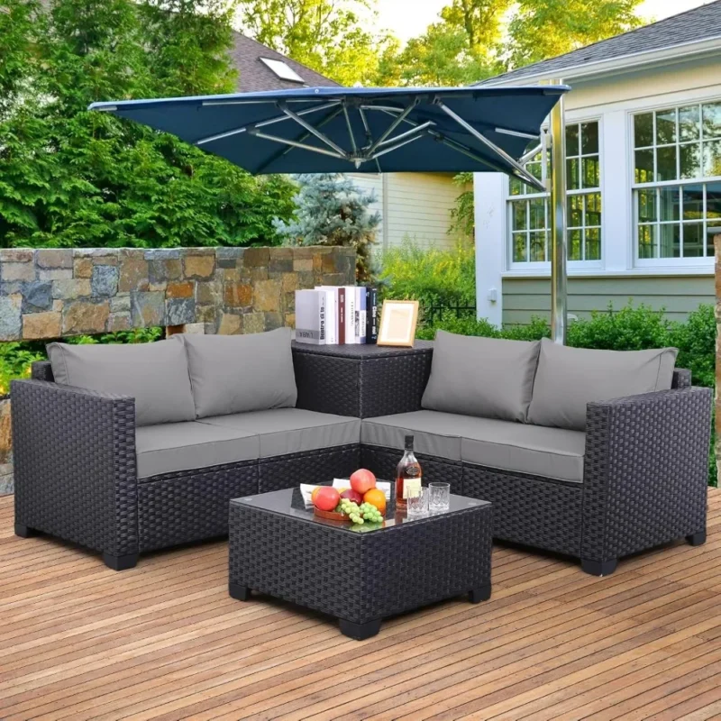 Outdoor PE Wicker Patio Furniture Set 4 Piece Rattan Sectional Couch Set with Storage Box Glass Top Table and Non-Slip Cushion