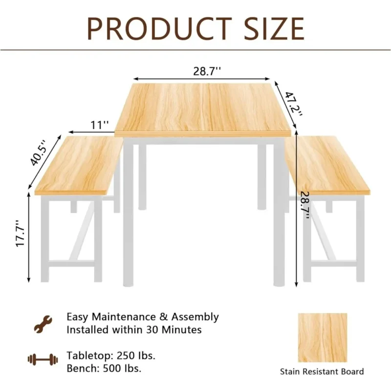 Dining Room Table Set, Kitchen Table Set with 2 Benches, Ideal for Home, Kitchen and Dining Room, - Image 6