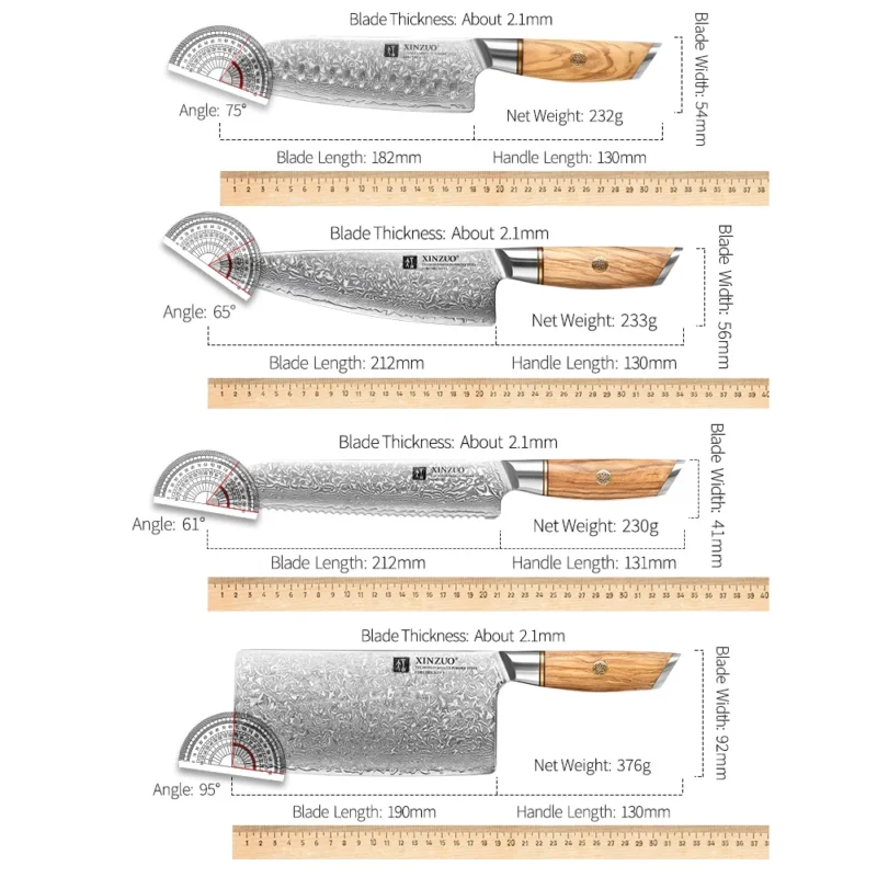 XINZUO 1-8pcs Kitchen Knife Set 73 Layers Custom Damascus Steel 15°±1 Per Side Steel Blade with Olive Wood Handle - Image 6