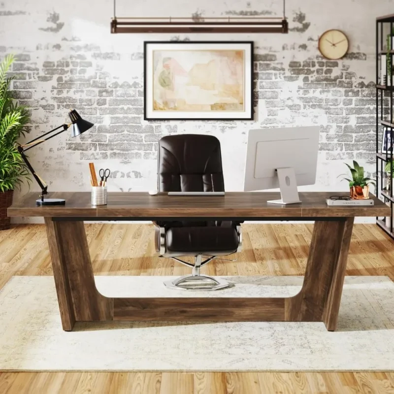 Large Home Office Desk with Solid Wooden Pedestal, Industrial Wood Study Writing Table, Workstation Business Furniture - Image 3