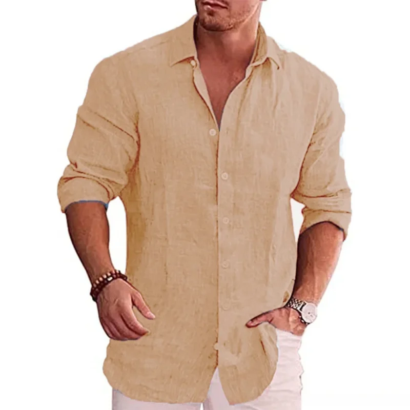 Cotton Linen Autumn Hot Selling Men's Long Sleeve Shirt Solid Color Casual Style Plus Size Men's Casual Linen Shirt - Image 5