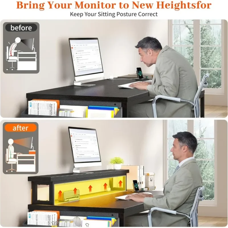 56.5-inch Computer Desk with Power Outlet, Home Office Desk, Study, Writing, Game Desk, with Monitor Stand - Image 5