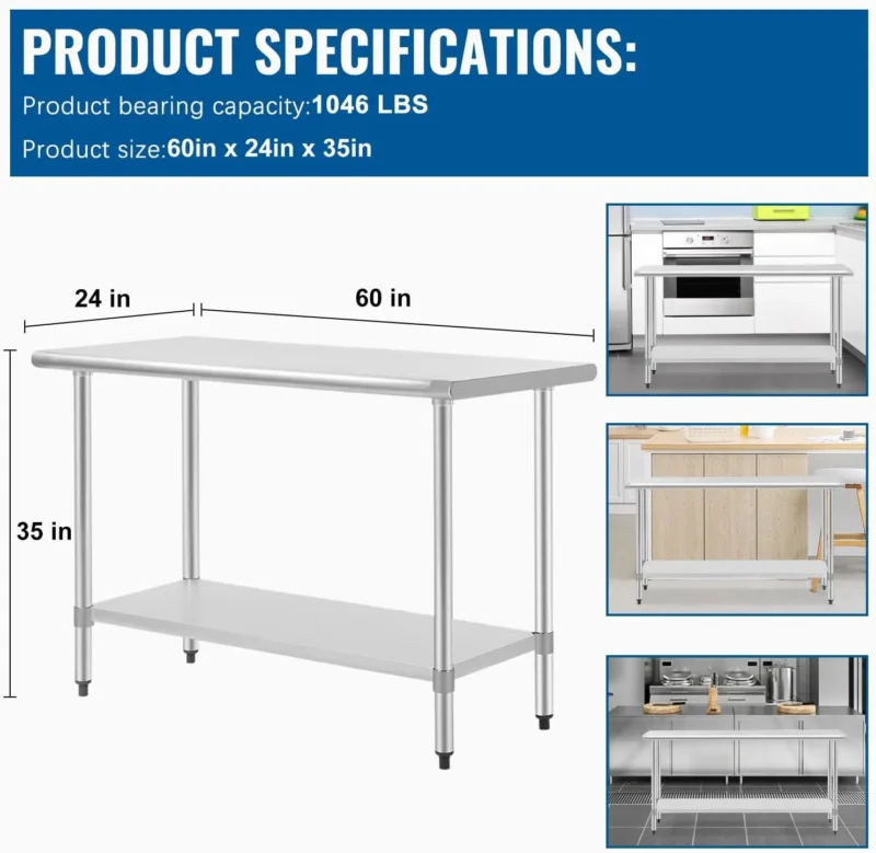 24 x 60 Inch Stainless Steel Work Table Kitchen Work Table Scratch Resistent Commercial Metal with Adjustable - Image 3