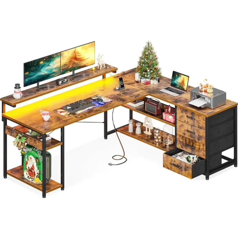 61" L Shaped Desk with Drawer, Power Outlets & LED Lights, Reversible Corner Gaming Desks for Home Office, Computer Desk