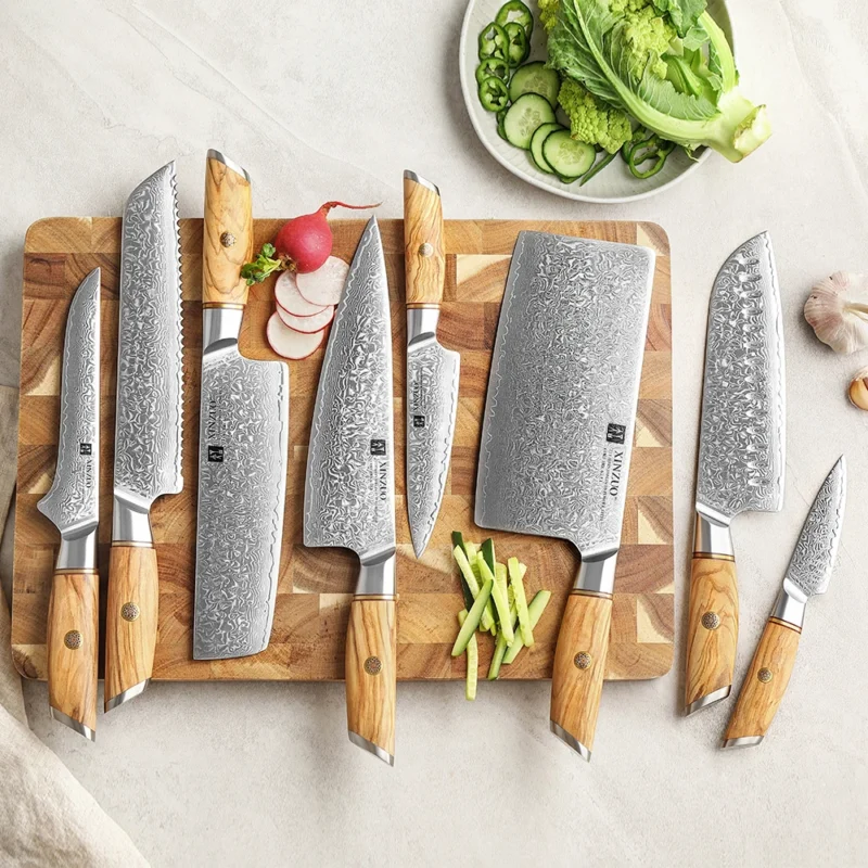 XINZUO 1-8pcs Kitchen Knife Set 73 Layers Custom Damascus Steel 15°±1 Per Side Steel Blade with Olive Wood Handle - Image 4