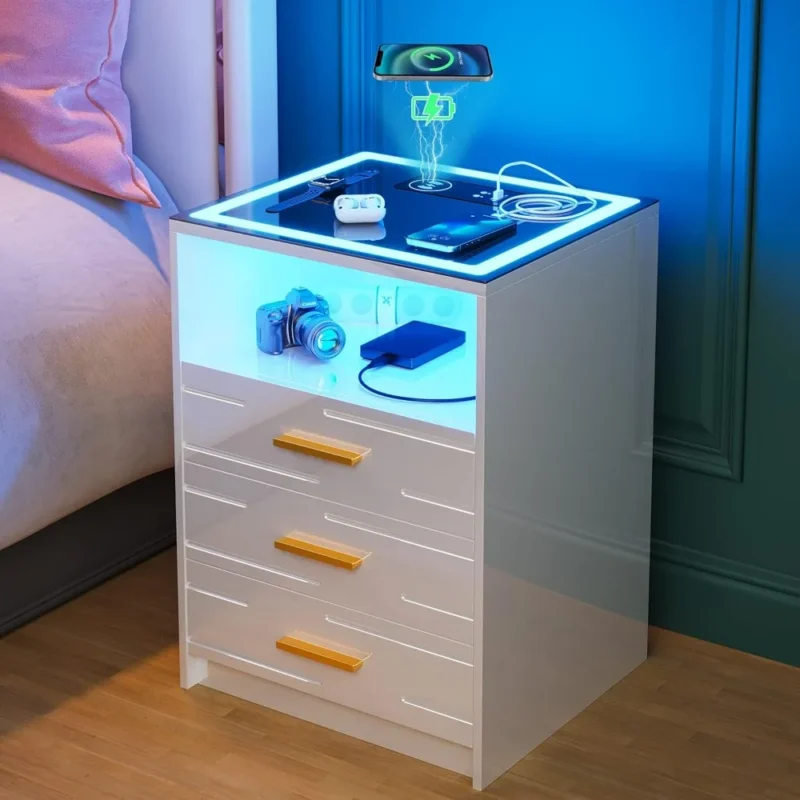 Nightstands.High Gloss LED Nightstand with Wireless Charging Station and 3 Color Dimmable Auto Sensor for Bedroom Furniture