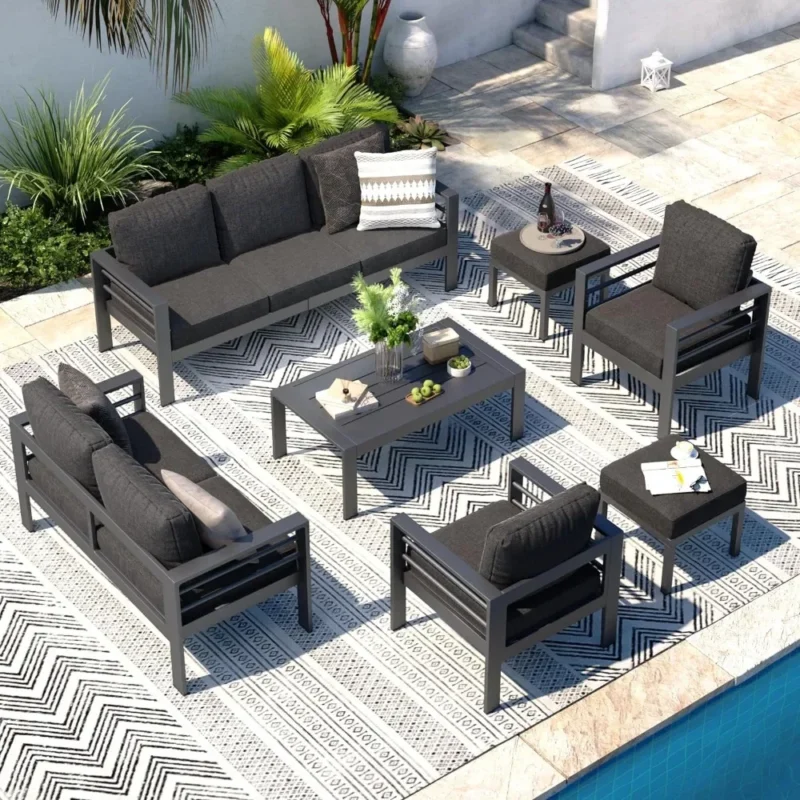 Aluminium modern patio furniture with coffee table, 7-piece outdoor conversation set, dark grey cushions, suitable for balcony