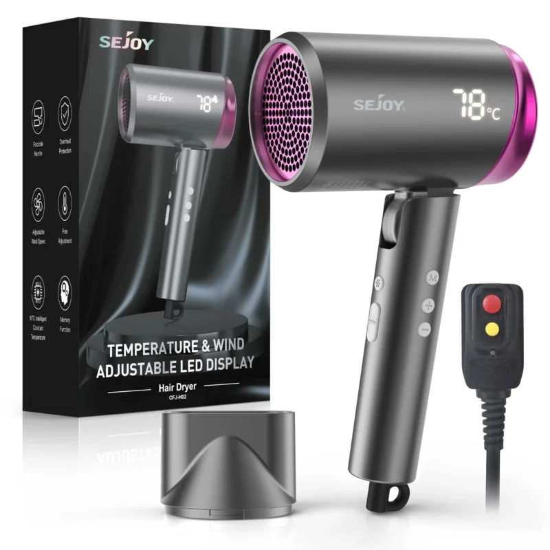 Sejoy High Speed Hair Dryer, 1800W Powerful Fast Blow Dryer, LED Display Negative Ion Hair Dryer Compact for Travel