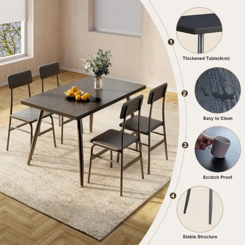 Dining Table Set for 4, Kitchen Table with 4 Chairs,5-Piece Dining Room Furniture Set with Metal Frame for Living Room,Apartment - Image 4