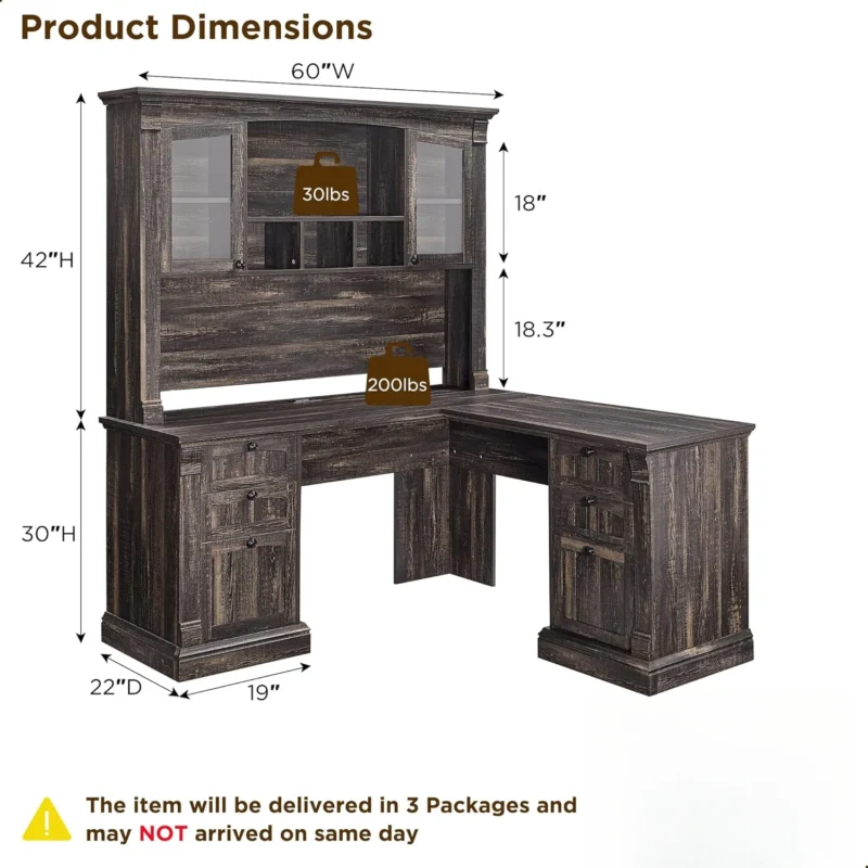 60" L Shaped Executive Desk with Hutch and Drawers, Farmhouse Home Office Desk with Charging Station, File Cabinet Storage, Wood - Image 2