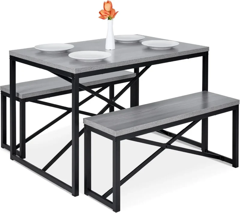 45.5in 3-Piece Bench Style Dining Furniture Set, 4-Person Space-Saving Dinette for Kitchen, Dining Room w/ 2 Benches Table