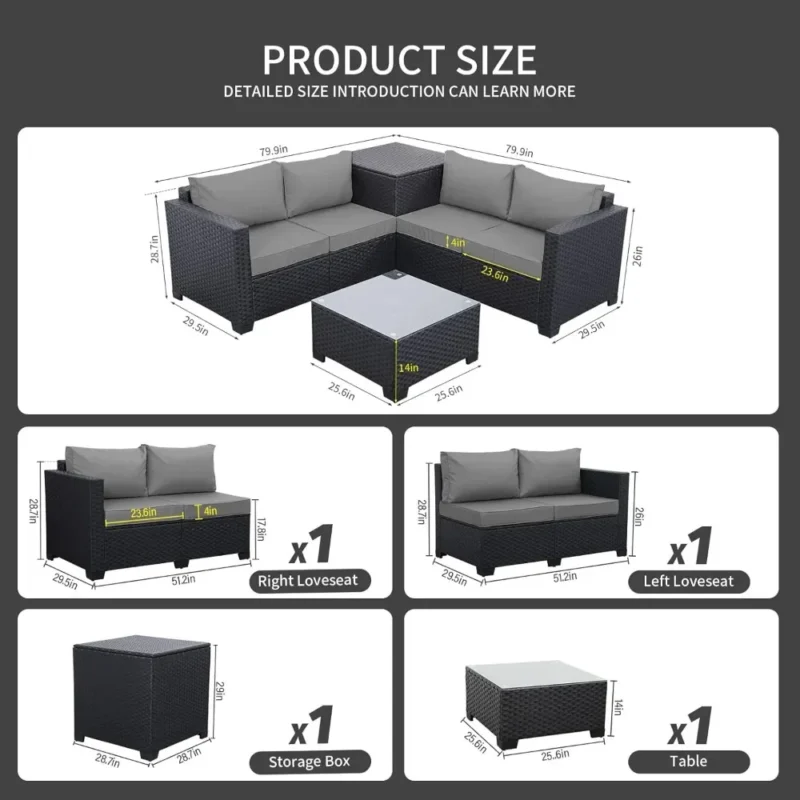 Outdoor PE Wicker Patio Furniture Set 4 Piece Rattan Sectional Couch Set with Storage Box Glass Top Table and Non-Slip Cushion - Image 2