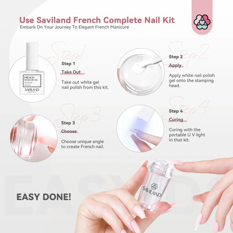 Saviland Silicone Nail Art Stamping Kit French Manicure with UV Light White Gel Polish French Nail Stamper and Scraper - Image 3