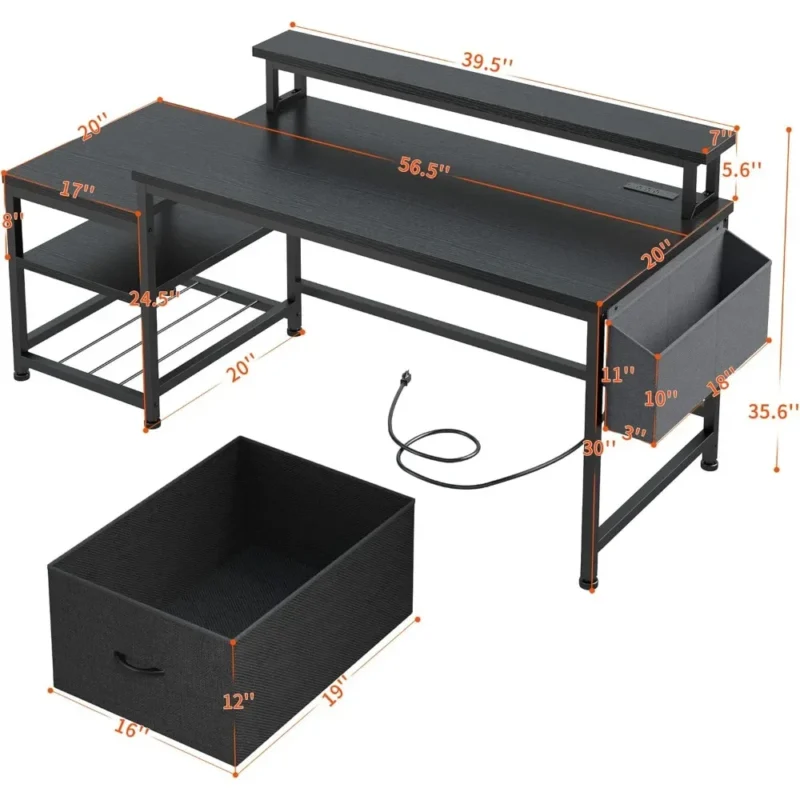 56.5-inch Computer Desk with Power Outlet, Home Office Desk, Study, Writing, Game Desk, with Monitor Stand - Image 6