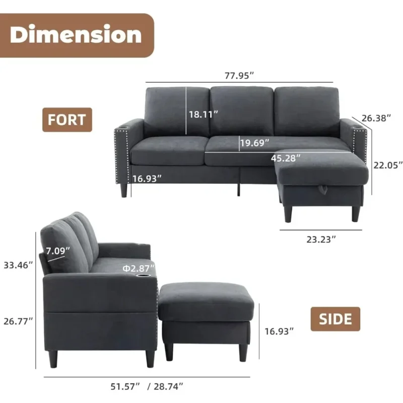 Convertible Sectional Couches for Living Room, L-Shaped Couch 3 Seats Sofas with Storage Chaise & 2 Cup Holders home furniture - Image 2