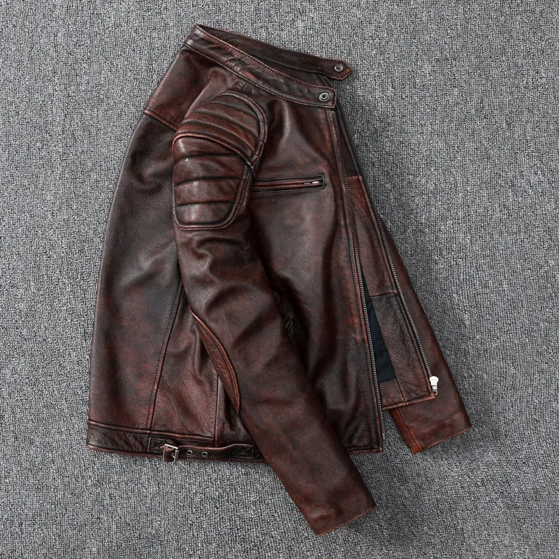 Free Shipping 2021 New Vintage Style Mens Cowhide Clothes Biker Genuine Leather Jacket Fashion Brown Leather slim coat men - Image 4