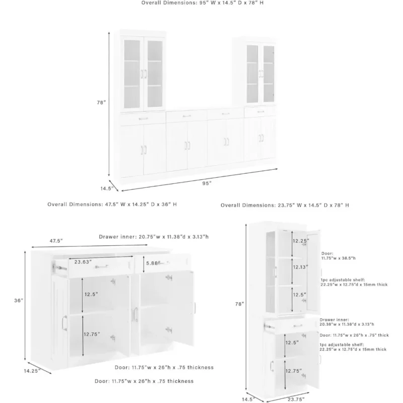 Furniture Stanton 3-Piece Sideboard Buffet Cabinet and Glass Door Kitchen Storage Pantry Set - Image 3