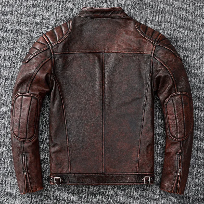 Free Shipping 2021 New Vintage Style Mens Cowhide Clothes Biker Genuine Leather Jacket Fashion Brown Leather slim coat men - Image 3