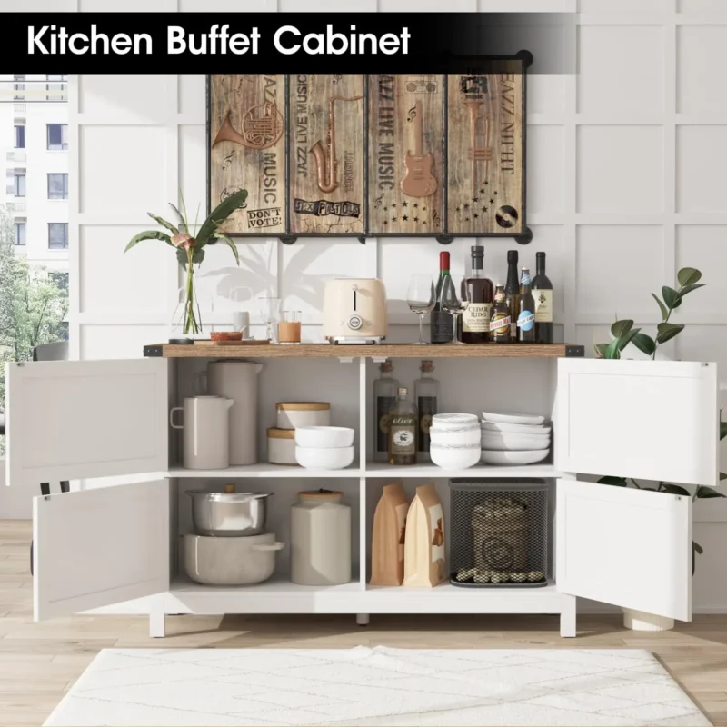 Vabches Sideboard Buffet Cabinet with 4 Doors Kitchen Storage Cabinet Wooden Coffee Bar Buffet Cabinet for Dining Room Furniture - Image 3