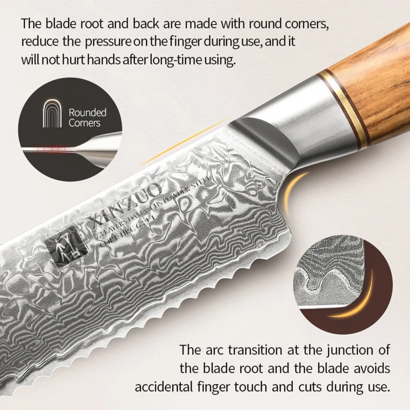 XINZUO 1-8pcs Kitchen Knife Set 73 Layers Custom Damascus Steel 15°±1 Per Side Steel Blade with Olive Wood Handle - Image 2