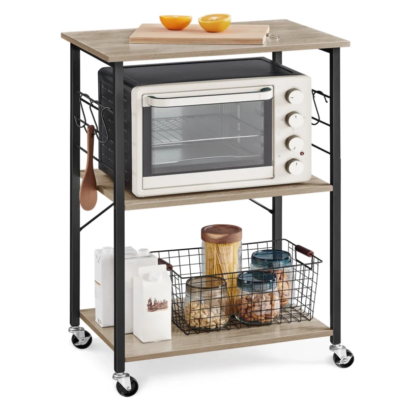 VASAGLE Kitchen Shelf on Wheels, Serving Cart with 3 Shelves, Kitchen Cart, Microwave Shelf, for Mini Oven, Toaster