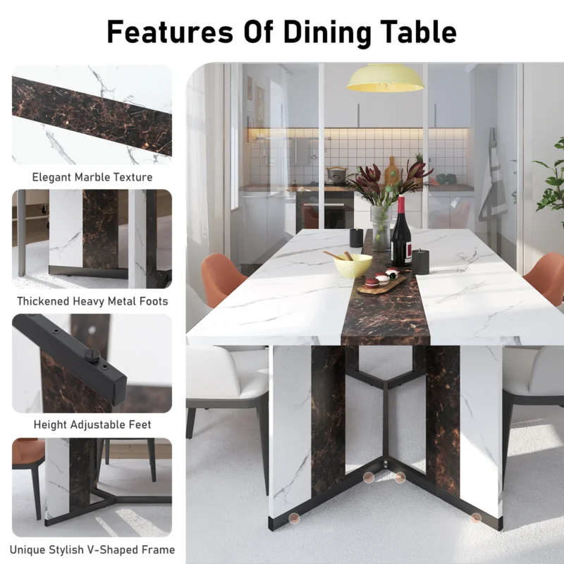 71" Large Luxurious Rectangular Dining Table for 6 8 10 People, Family Dinner Table w/Marble Color, Wood Tabletop, Metal Leg - Image 2