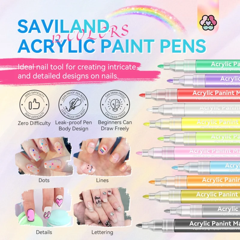 Saviland 12 Colors Nail Art Pens Set Quick Dry Waterproof Painting Graffiti Acrylic Pen Nail Gel Polish Liner Manicure Tools - Image 2