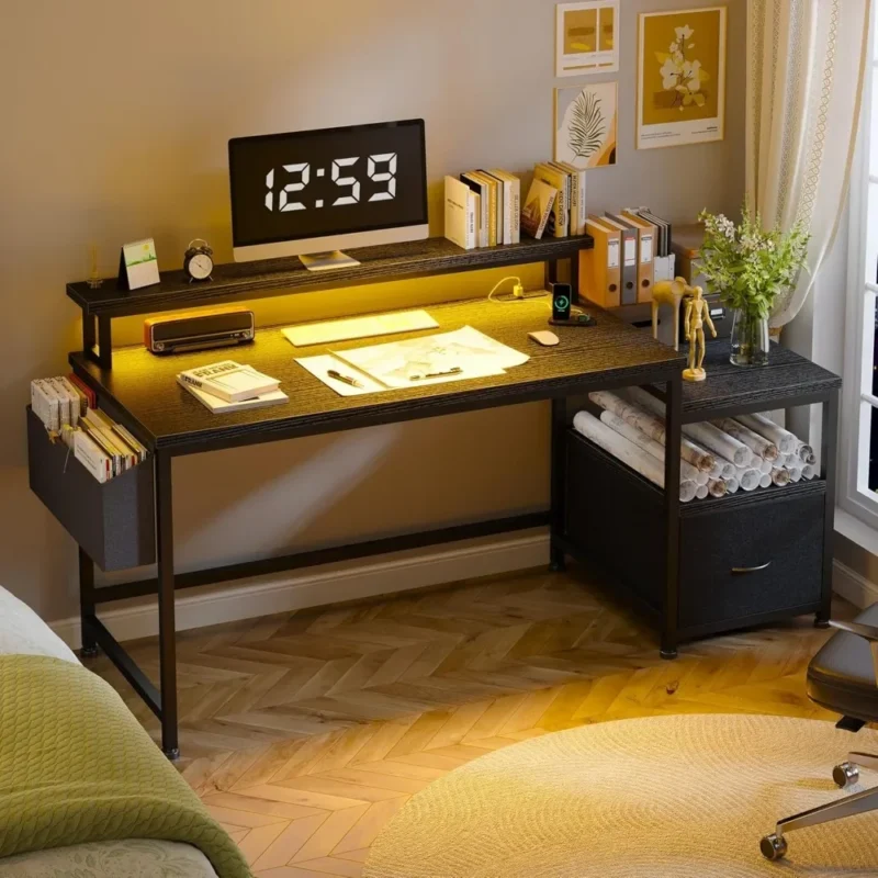 56.5-inch Computer Desk with Power Outlet, Home Office Desk, Study, Writing, Game Desk, with Monitor Stand - Image 2