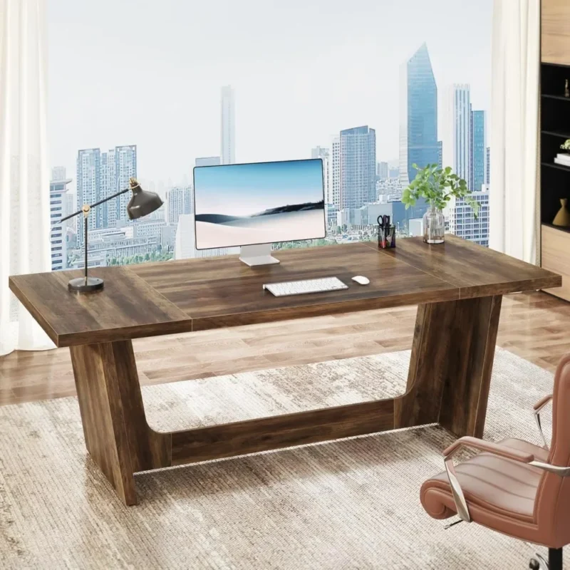 Large Home Office Desk with Solid Wooden Pedestal, Industrial Wood Study Writing Table, Workstation Business Furniture - Image 4