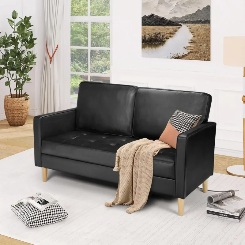 57'' Mid-Century Loveseat Faux Leather Sofa Couch with Armrest for Two People Modern 2 Seat Sofa for Living Room (2-Se - Image 2