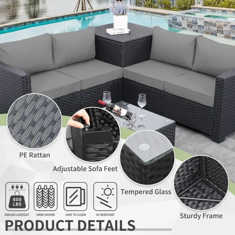 Outdoor PE Wicker Patio Furniture Set 4 Piece Rattan Sectional Couch Set with Storage Box Glass Top Table and Non-Slip Cushion - Image 3