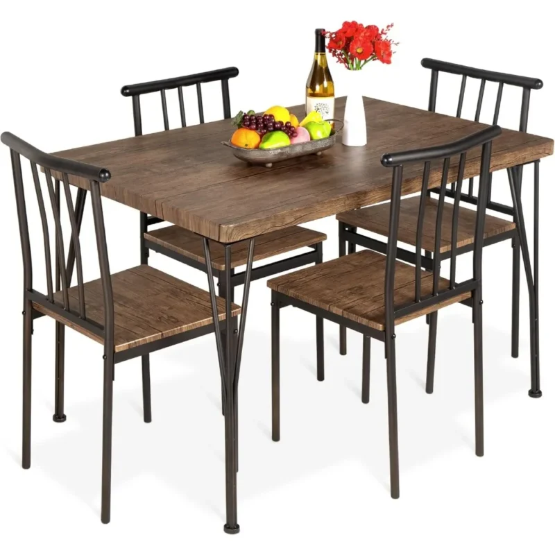 5-Piece Metal and Wood Indoor Modern Rectangular Dining Table Furniture Set for Kitchen, Dining Room, Breakfast Nook W/ 4 Chairs - Image 6
